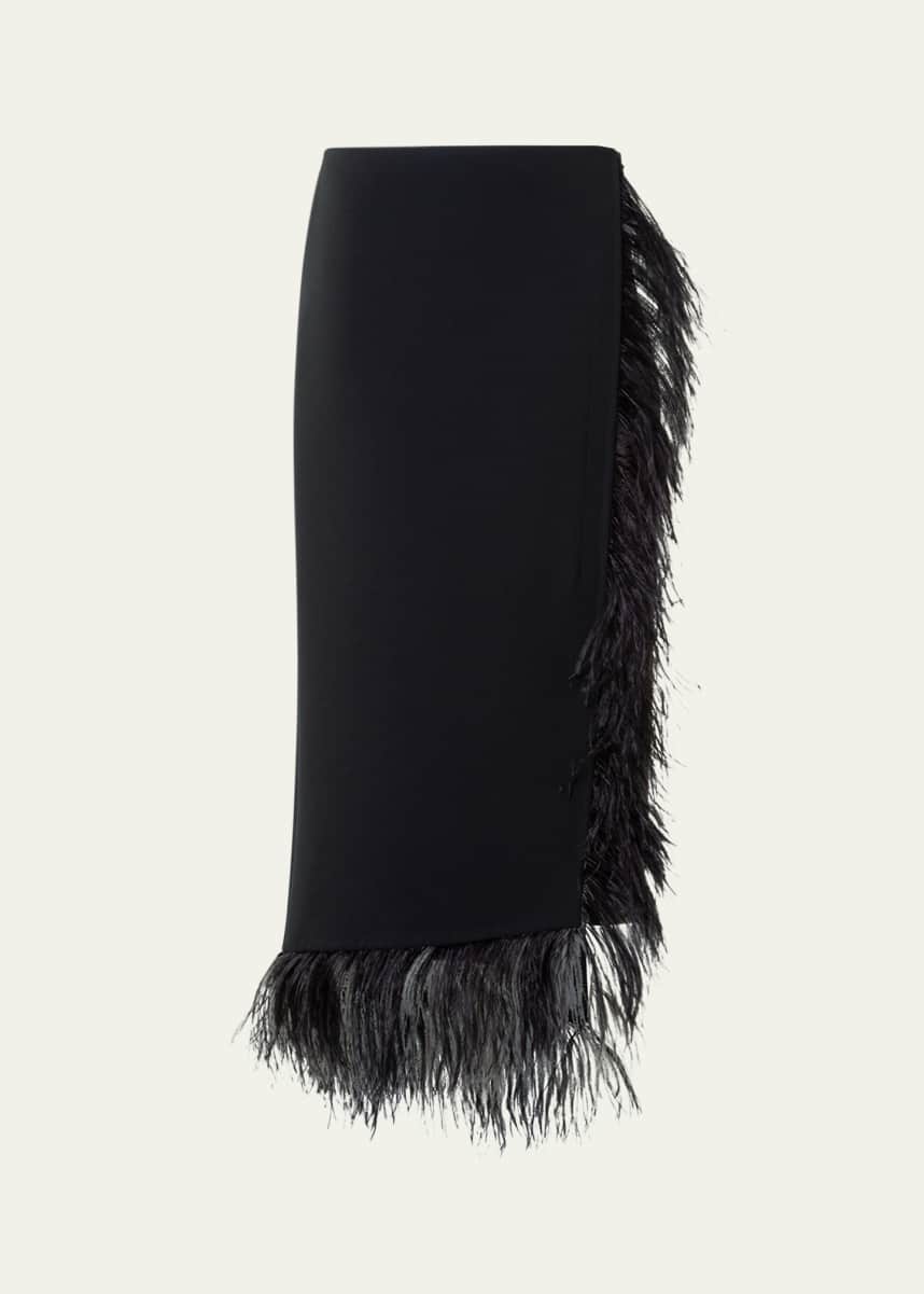 Akris Feather-Trim Wool Stretch Double Face Midi Wrap Skirt