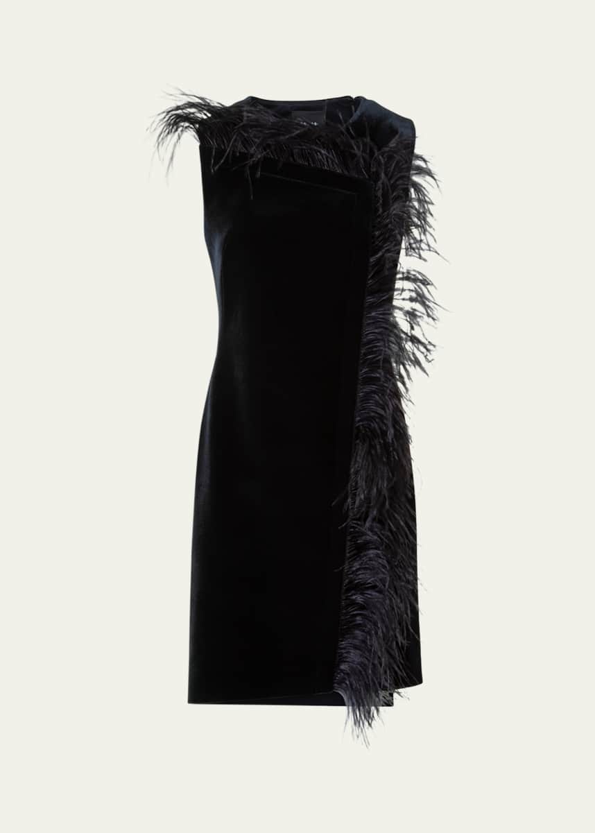 Akris Neoprene Velvet Feather-Trim Asymmetric Mini Dress