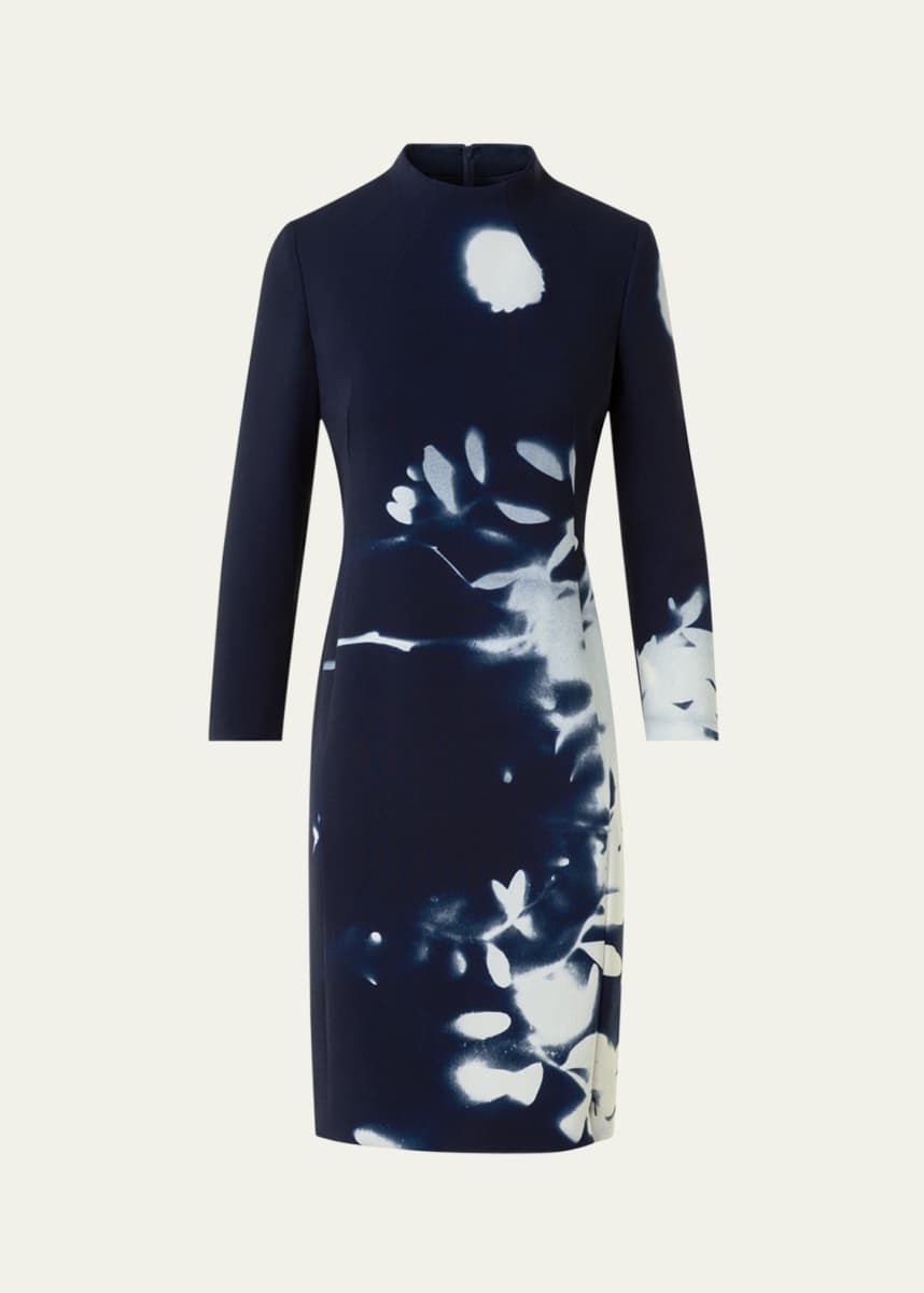 Akris Wildflower-Print Wool Double-Face Slit Dress