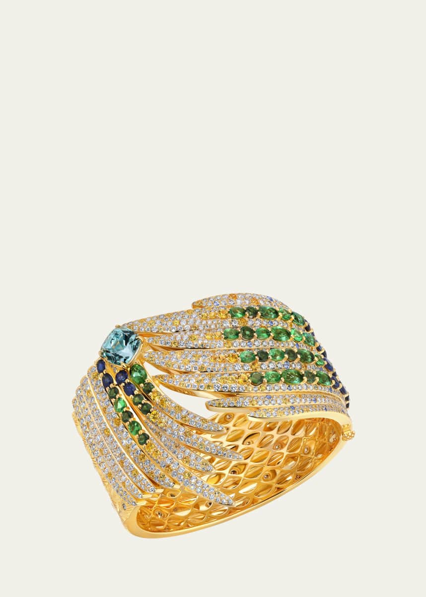 Graziela Gems 18K Yellow Gold Pssaro Cuff Bracelet with Diamonds and Gemstones