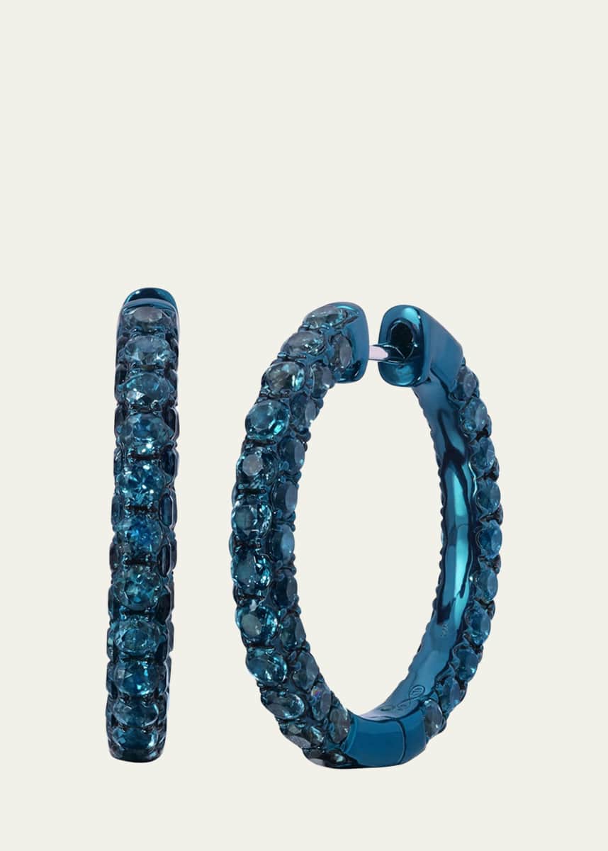 Graziela Gems 18K White Gold Large London Blue Topaz 3-Sided Hoop Earrings with Blue Rhodium