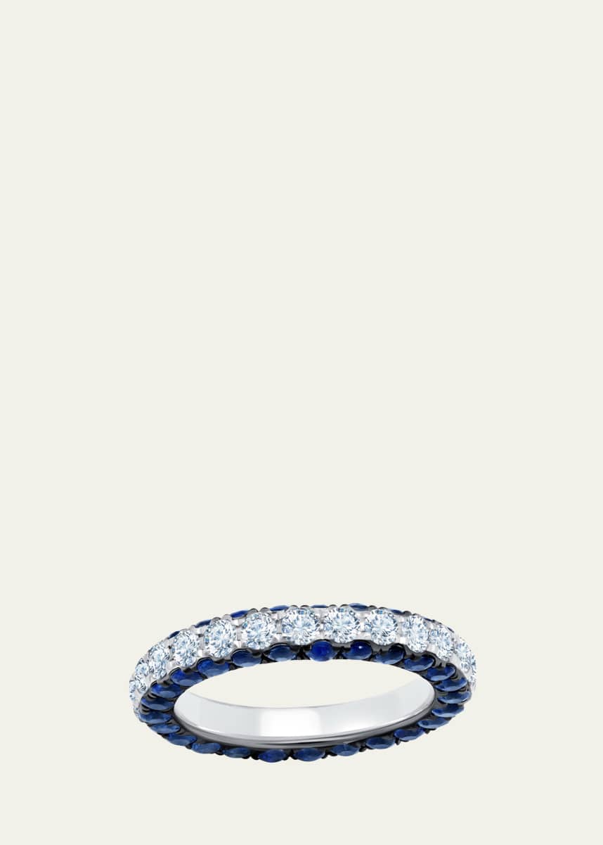 Graziela Gems 18K White Gold 3-Sided Diamond and Blue Sapphire Band Ring, Size 7