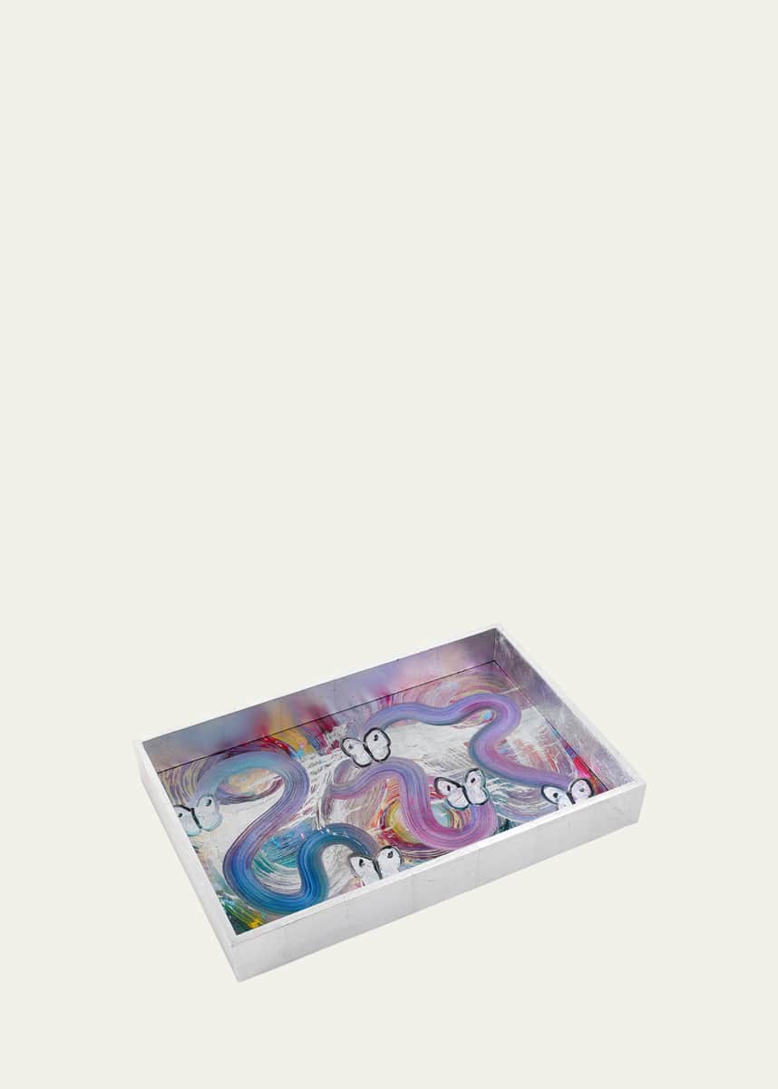 Hunt Slonem Butterfly Ribbon Silver Leaf Vanity Tray