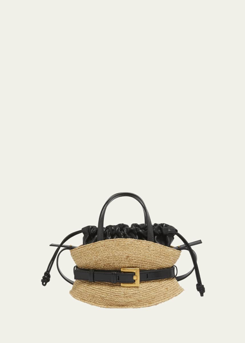 Balmain Shuffle Mini Top-Handle Bag in Raffia and Calfskin