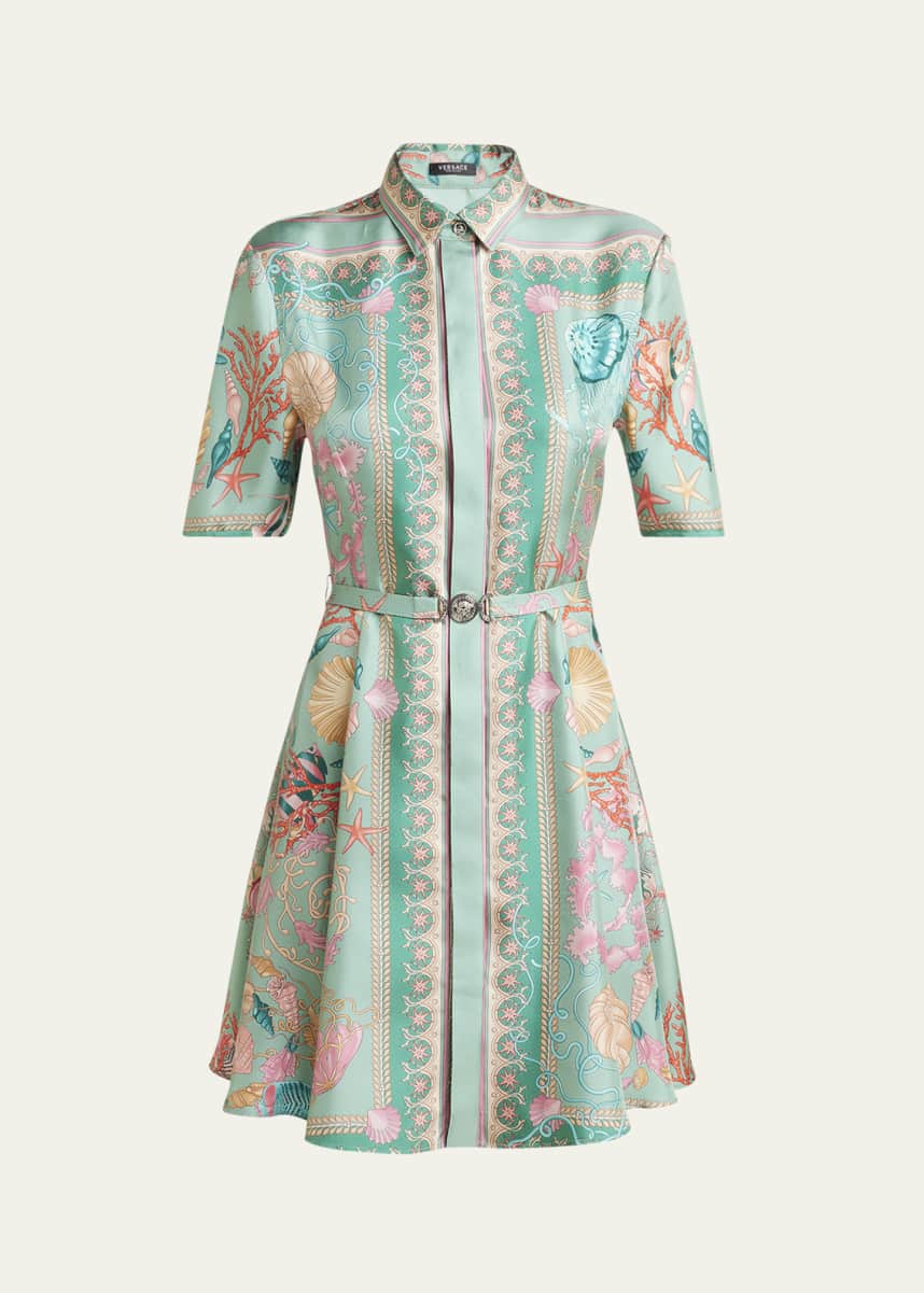 Versace Underwater Barocco Foulard Belted Silk Twill Dress
