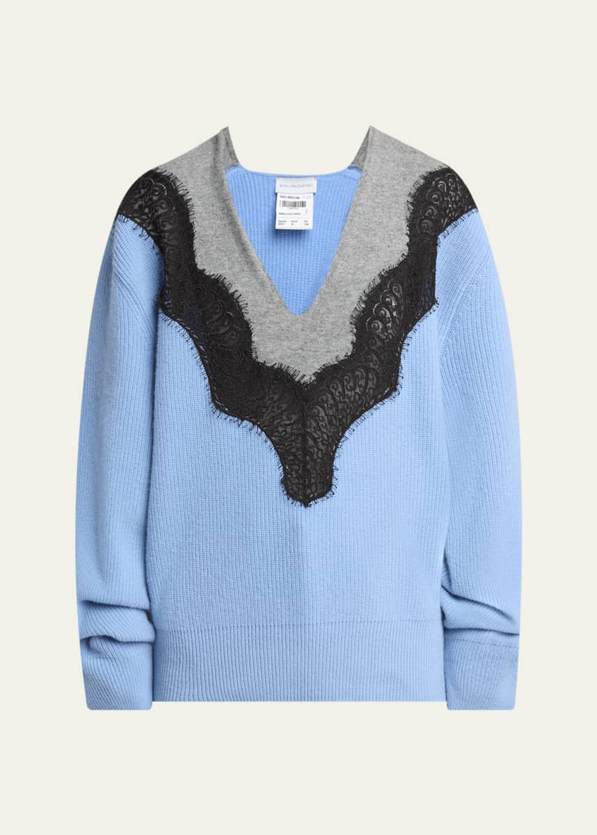 Stella McCartney Colorblock Lace Insert V-Neck Ribbed Wool Sweater