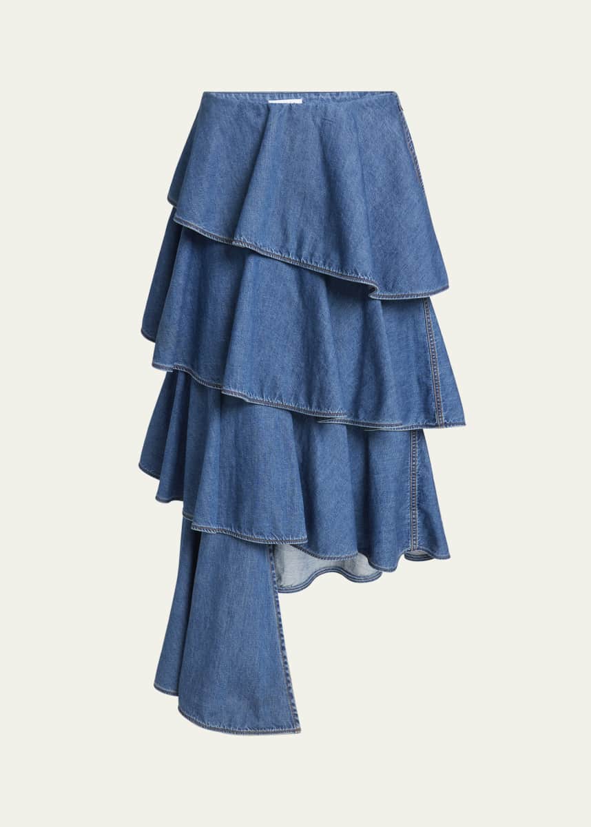 ALAIA Spiral Ruffle Denim Midi Skirt