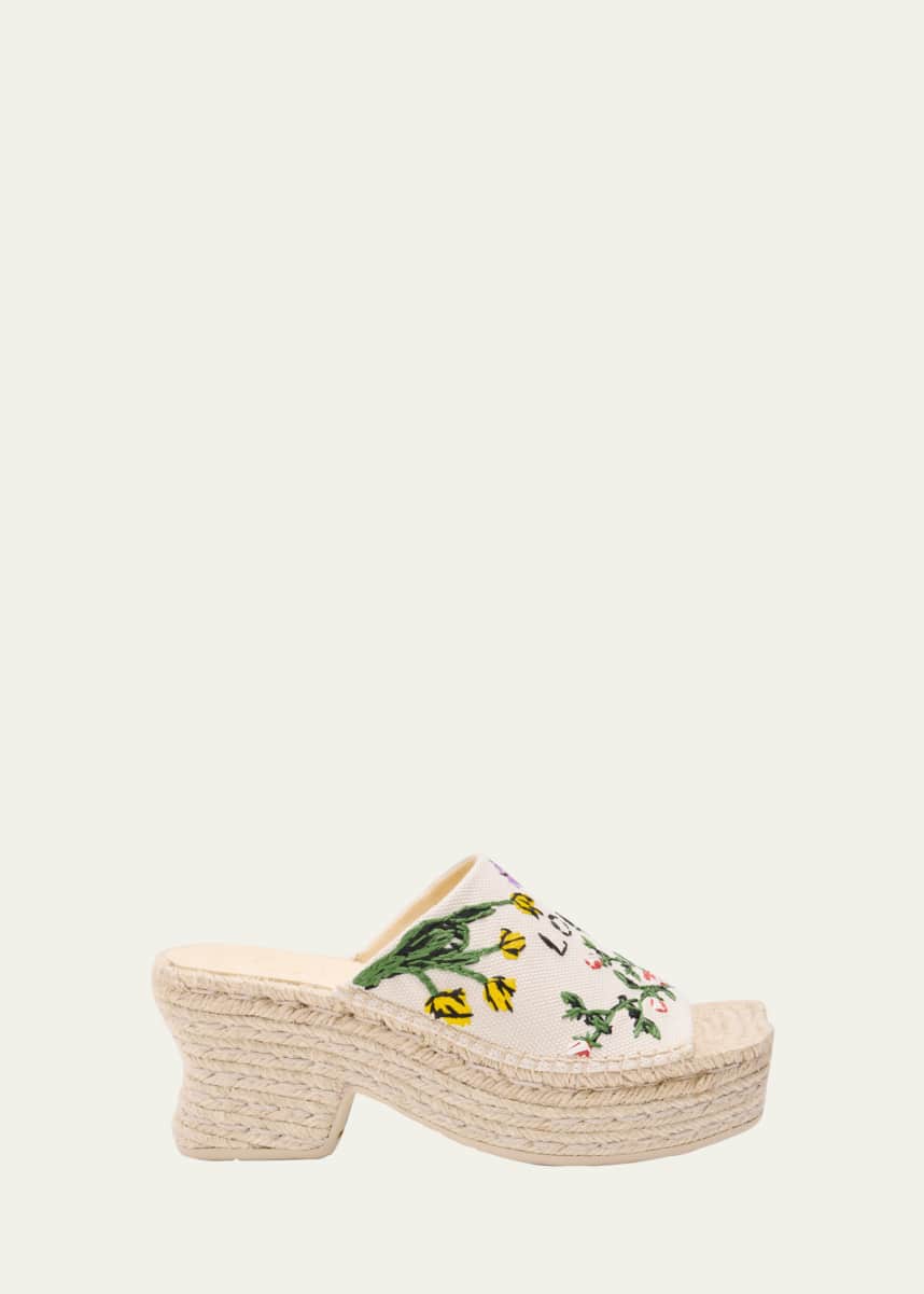Loewe Petal Floral Embroidered Espadrille Platform Mules