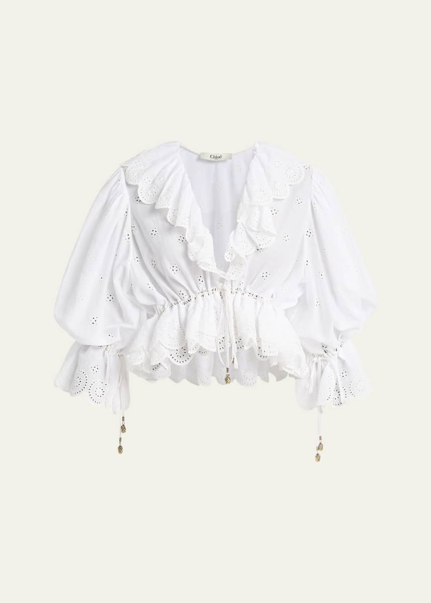 Chloe Eyelet Cotton Ruffle Crop Peasant Blouse