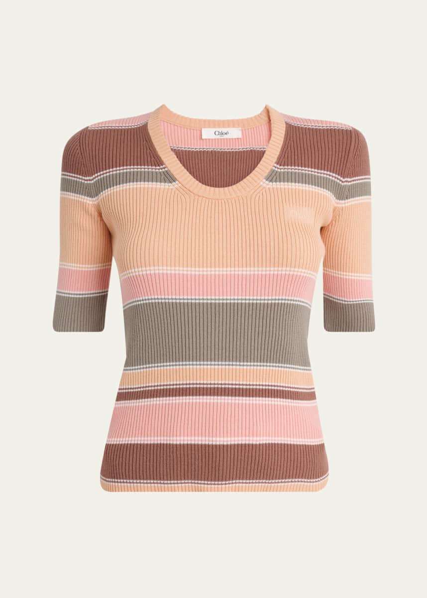 Chloe Striped Crewneck Rib Knit Cotton Top