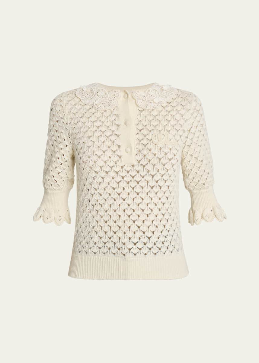 Chloe Lace-Collar Open Knit Polo Top