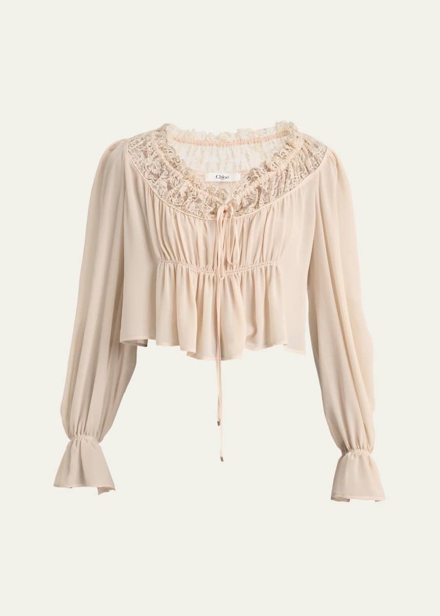 Chloe Ruched Lace Silk Peasant Blouse