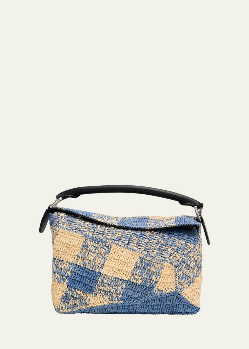 Loewe x Paula’s Ibiza Small Puzzle Edge Shoulder Bag in Gingham Raffia