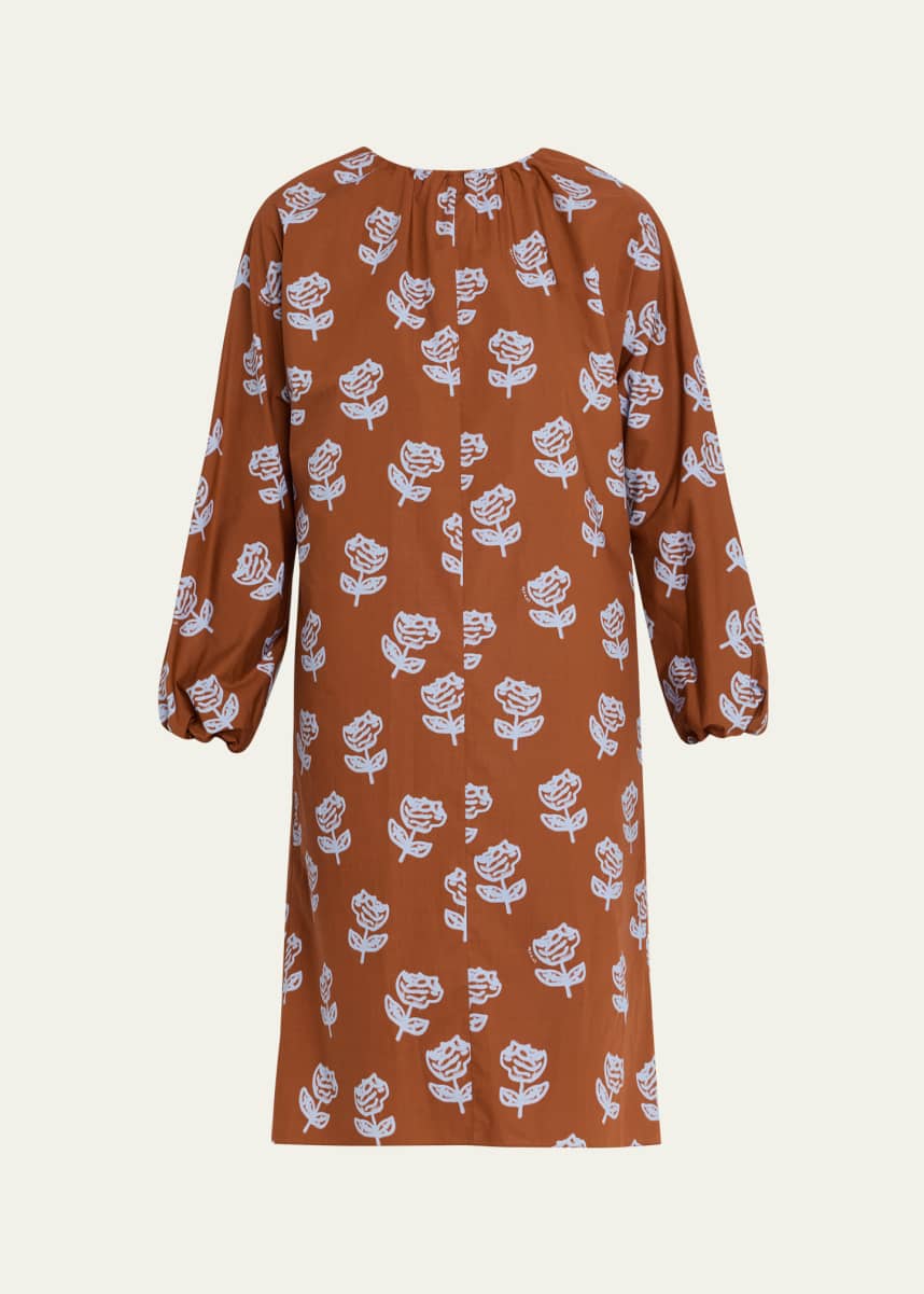 Marni Floral Gathered-Neck Long-Sleeve Midi Dress
