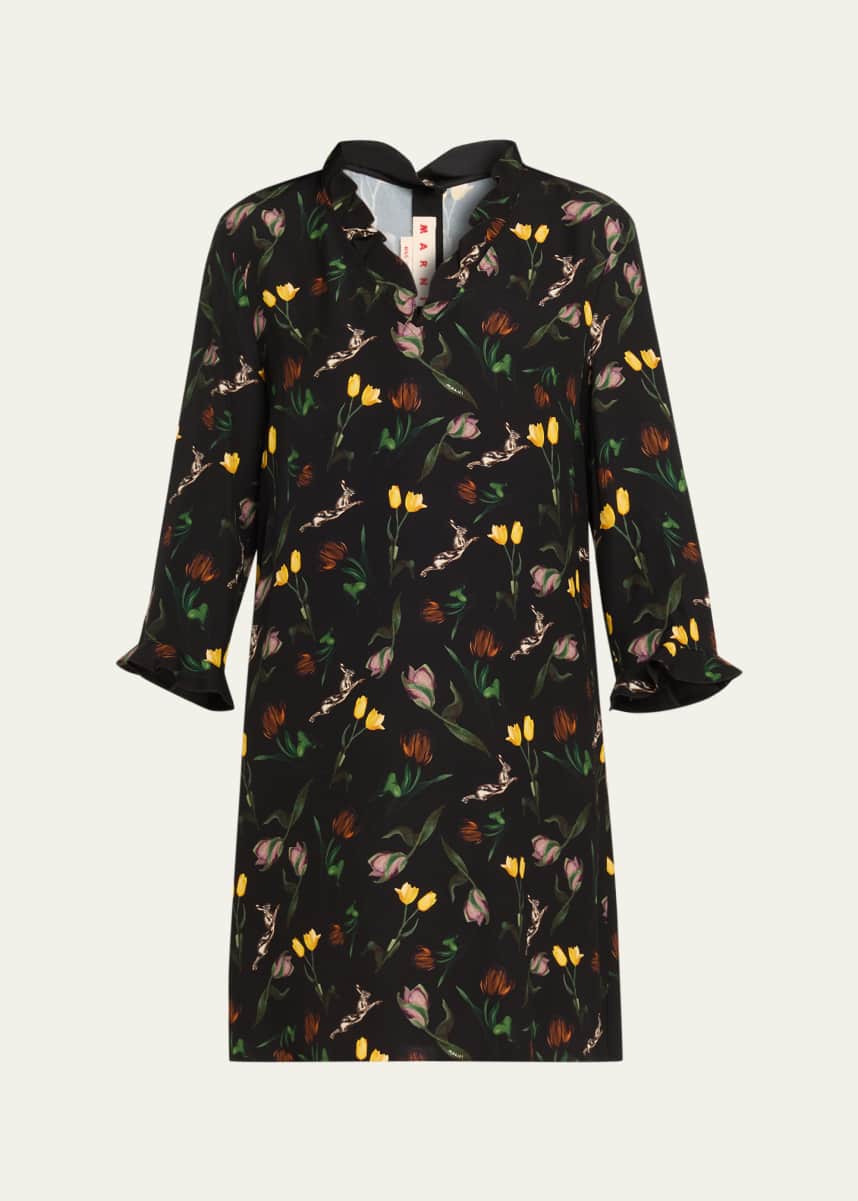 Marni Floral Ruffle 3/4-Sleeve Mini Dress