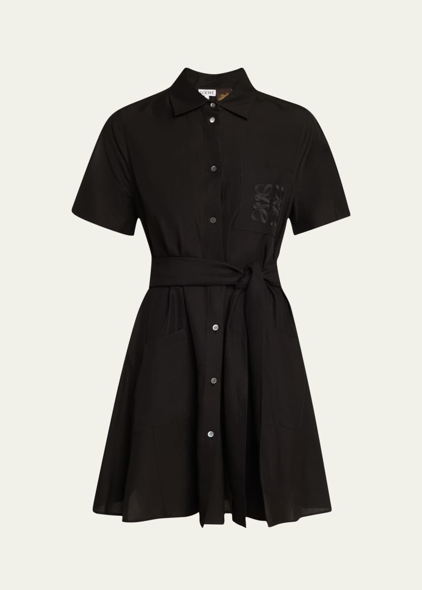 Loewe Anagram Pocket Short-Sleeve Belted Mini Shirtdress