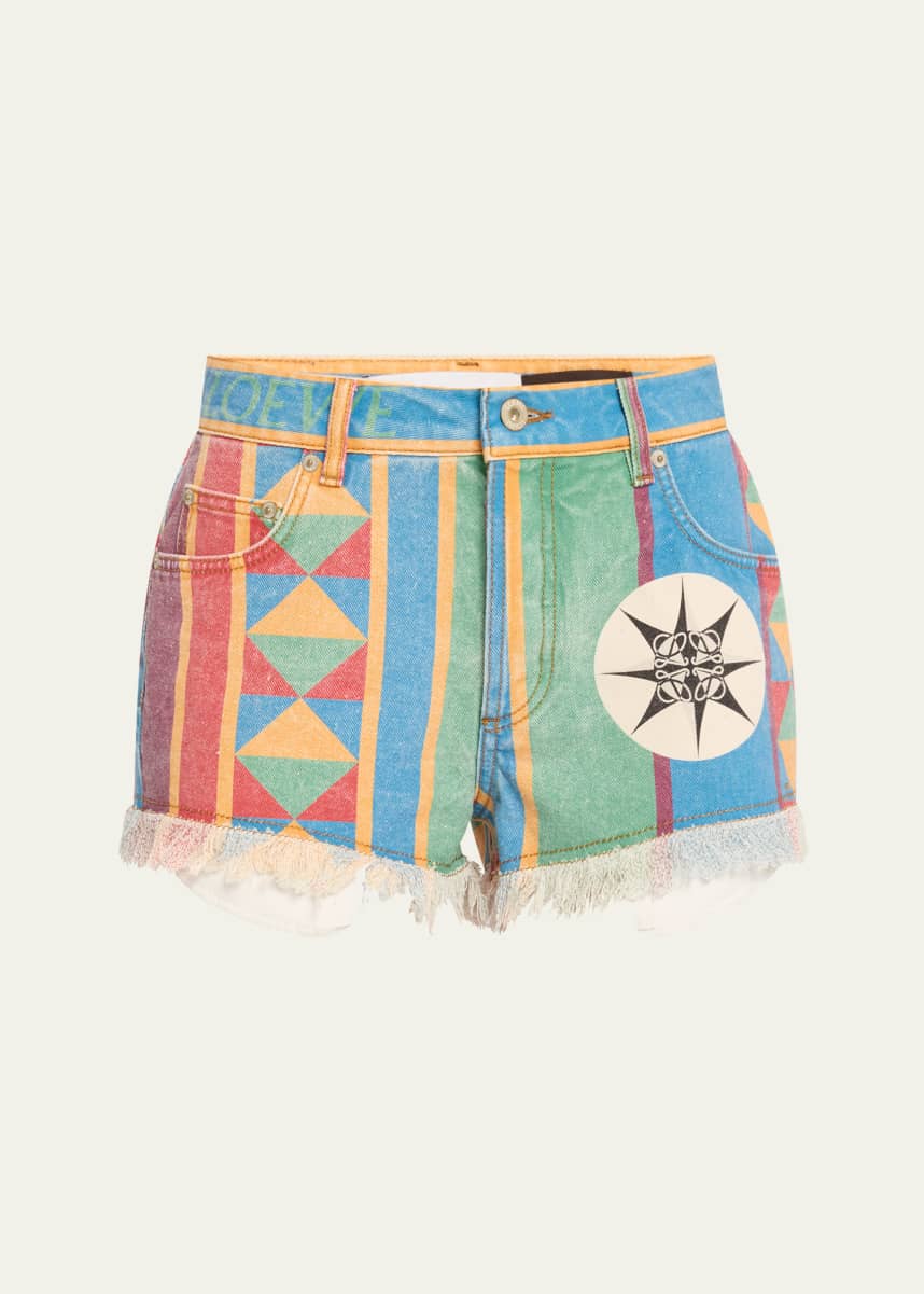 Loewe Geo Print Denim Frayed Peekaboo Shorts