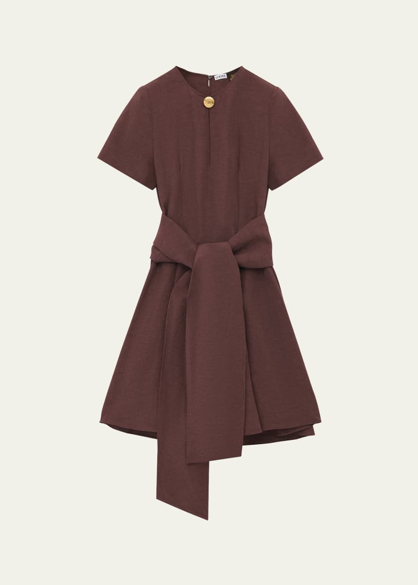Loewe Anagram-Button Waist-Tie Linen Mini Dress
