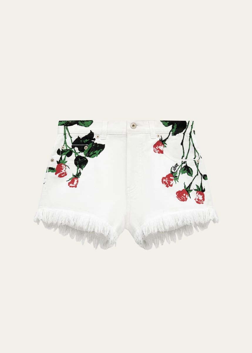 Loewe Flower-Print Fringed Peekaboo Denim Shorts