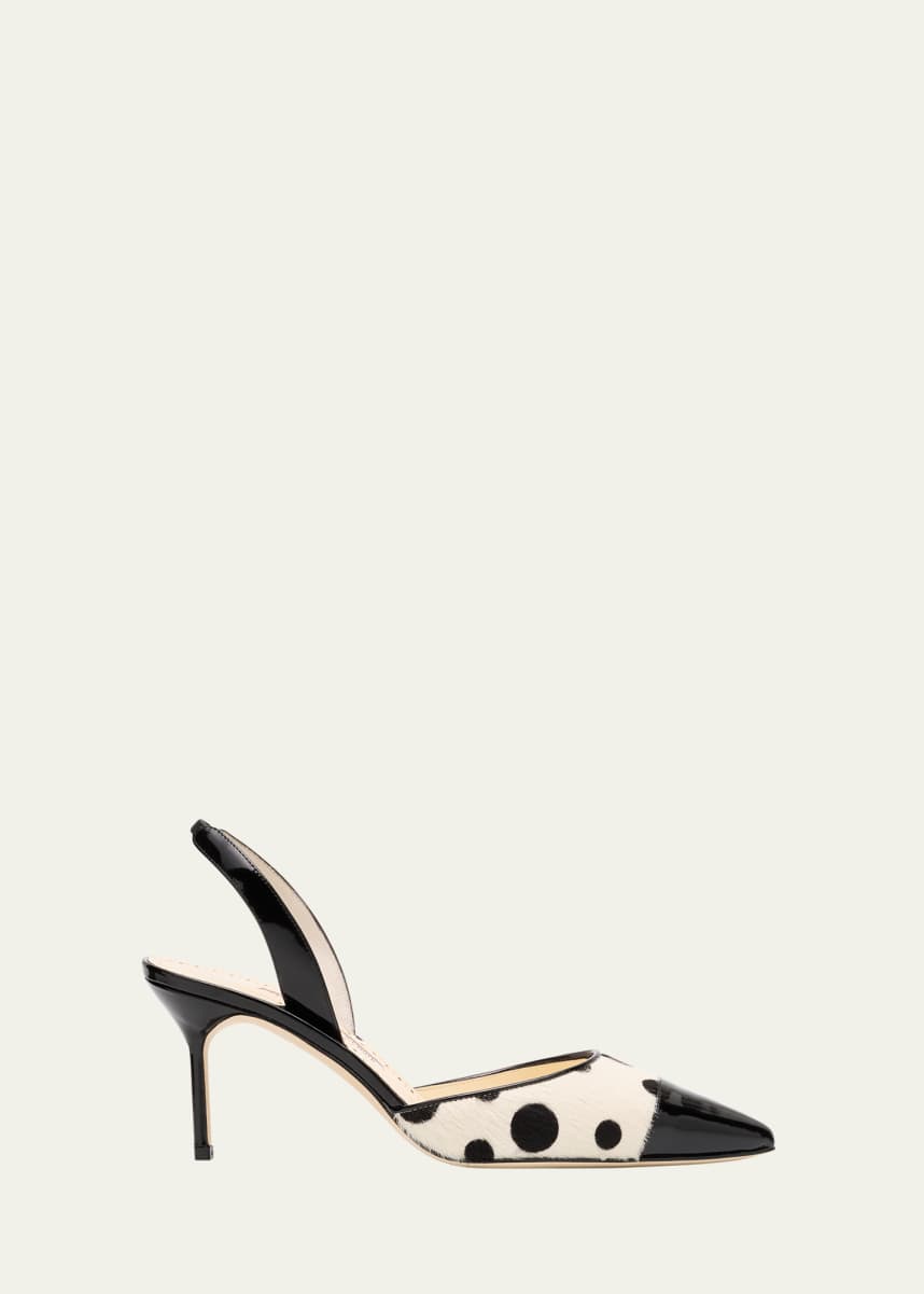 Manolo Blahnik Capsli Polka-Dot Calf Hair and Patent Leather Pumps