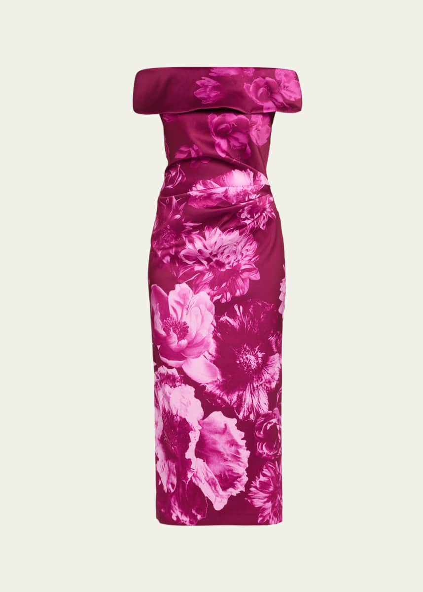 Rickie Freeman for Teri Jon Ruched Floral Off-The-Shoulder Midi Dress