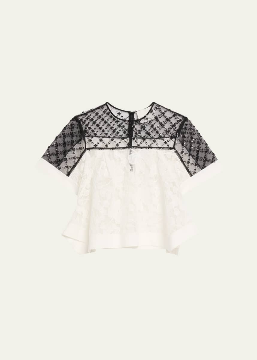 3.1 Phillip Lim Corded Lace Organza Short-Sleeve Flounce Top