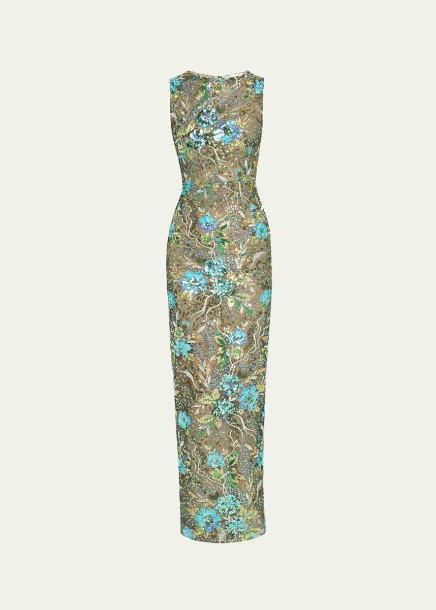 Bronx and Banco Violet Floral Sequin Column Gown