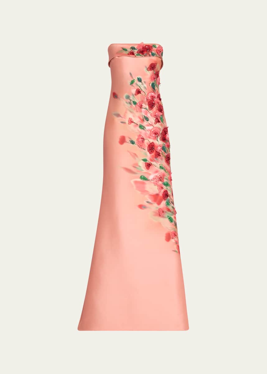 Badgley Mischka Strapless Embellished Floral-Print Gown