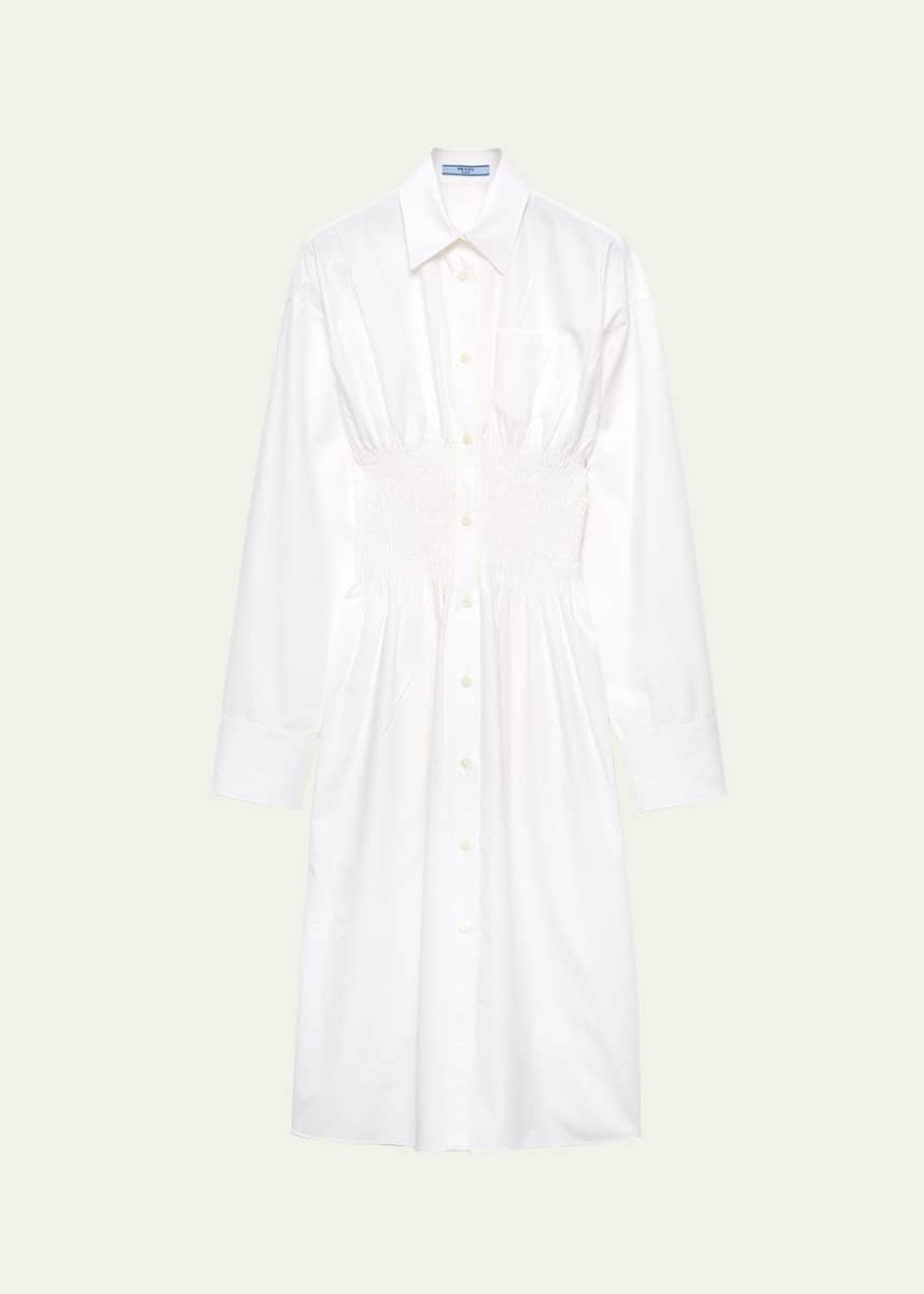 Prada Smocked Canvas Fit-and-Flare Midi Shirt Dress