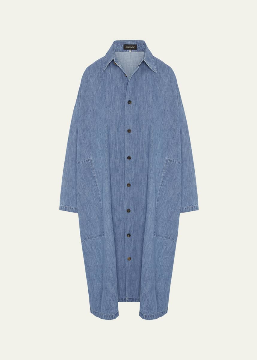 Eskandar Denim Wide A-Line Back-Pleat Shirtdress With Collar