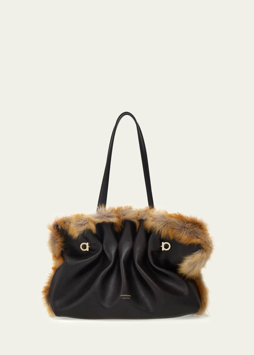 Ferragamo Pinch Soft Shearling-Trim Leather Shoulder Bag