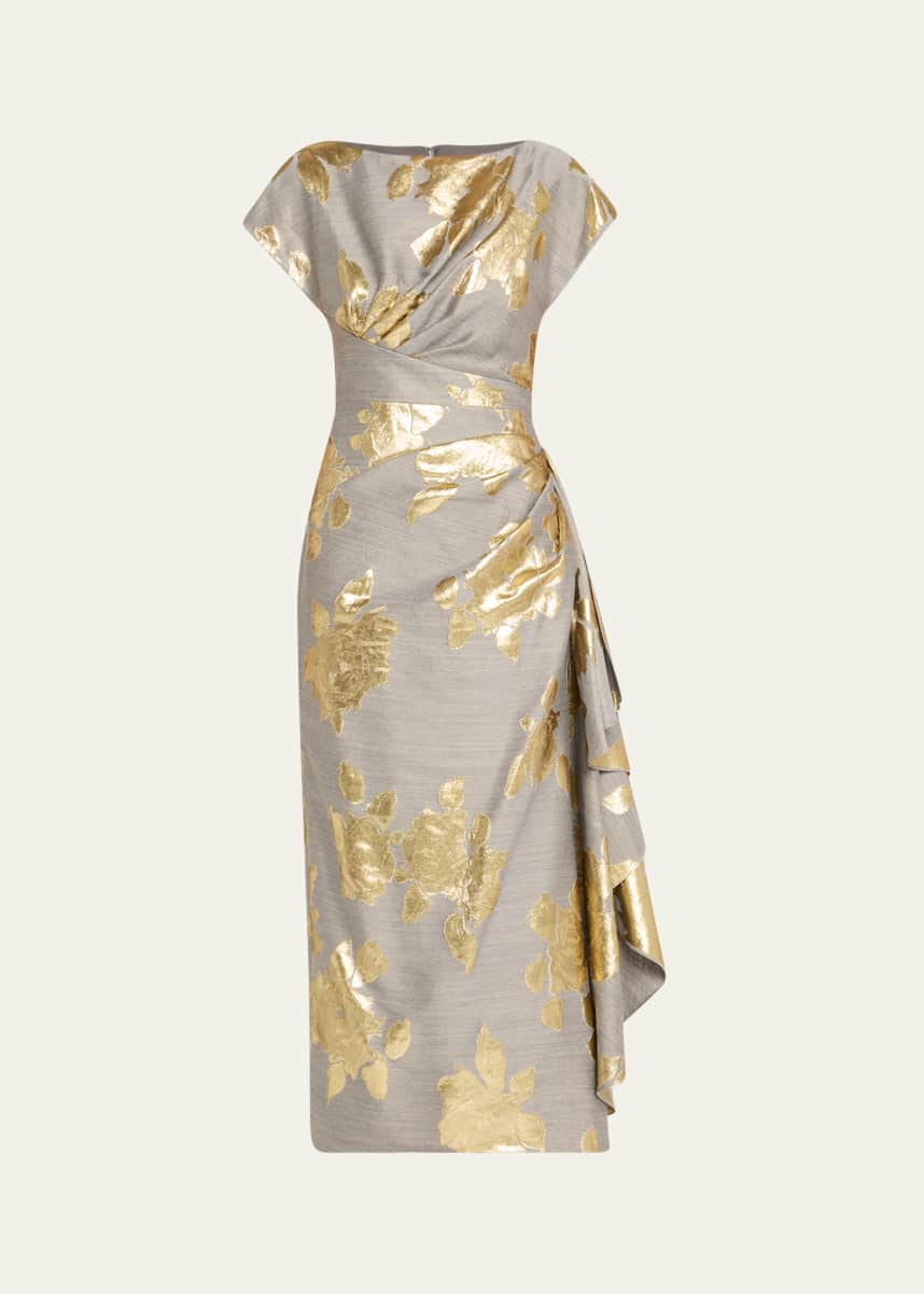 Lela Rose Florence Metallic Floral Jacquard Draped Midi Dress
