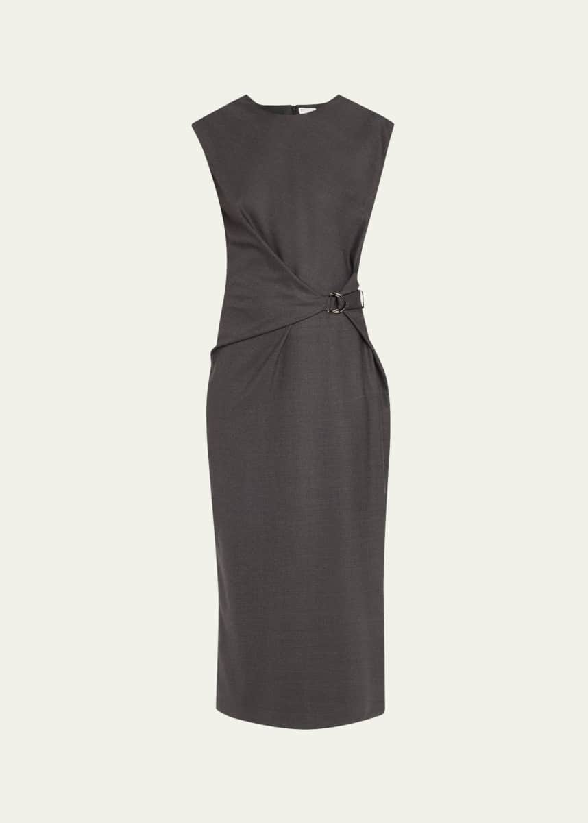 Brunello Cucinelli Sleeveless Stretch Twill Wool Wrap Midi Dress