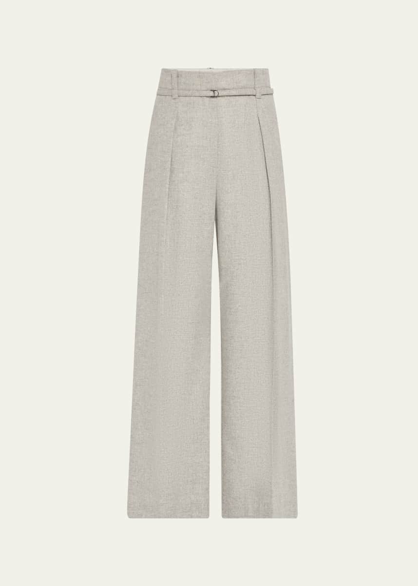 Brunello Cucinelli Cashmere-Wool Flannel Wide Sartorial Pants With Belt
