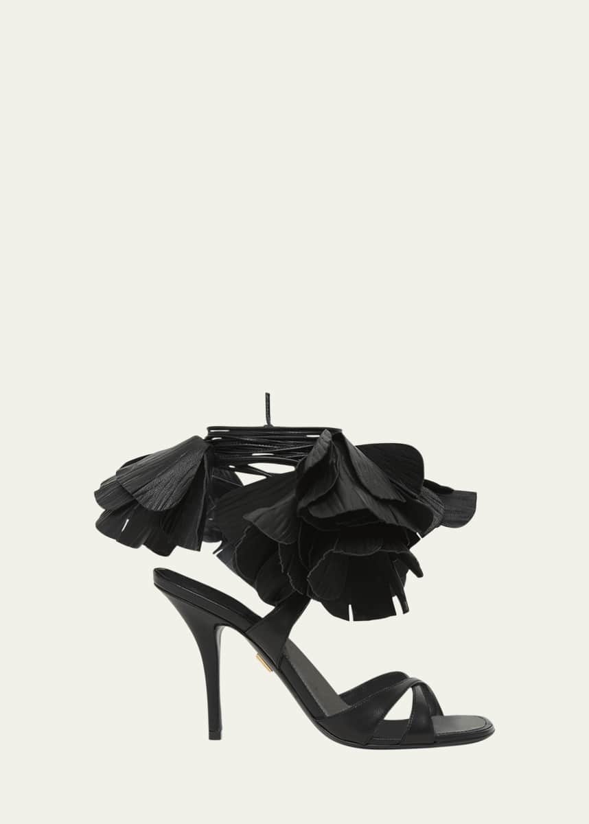 Ferragamo Estrella Leather Flower Ankle-Tie Sandals