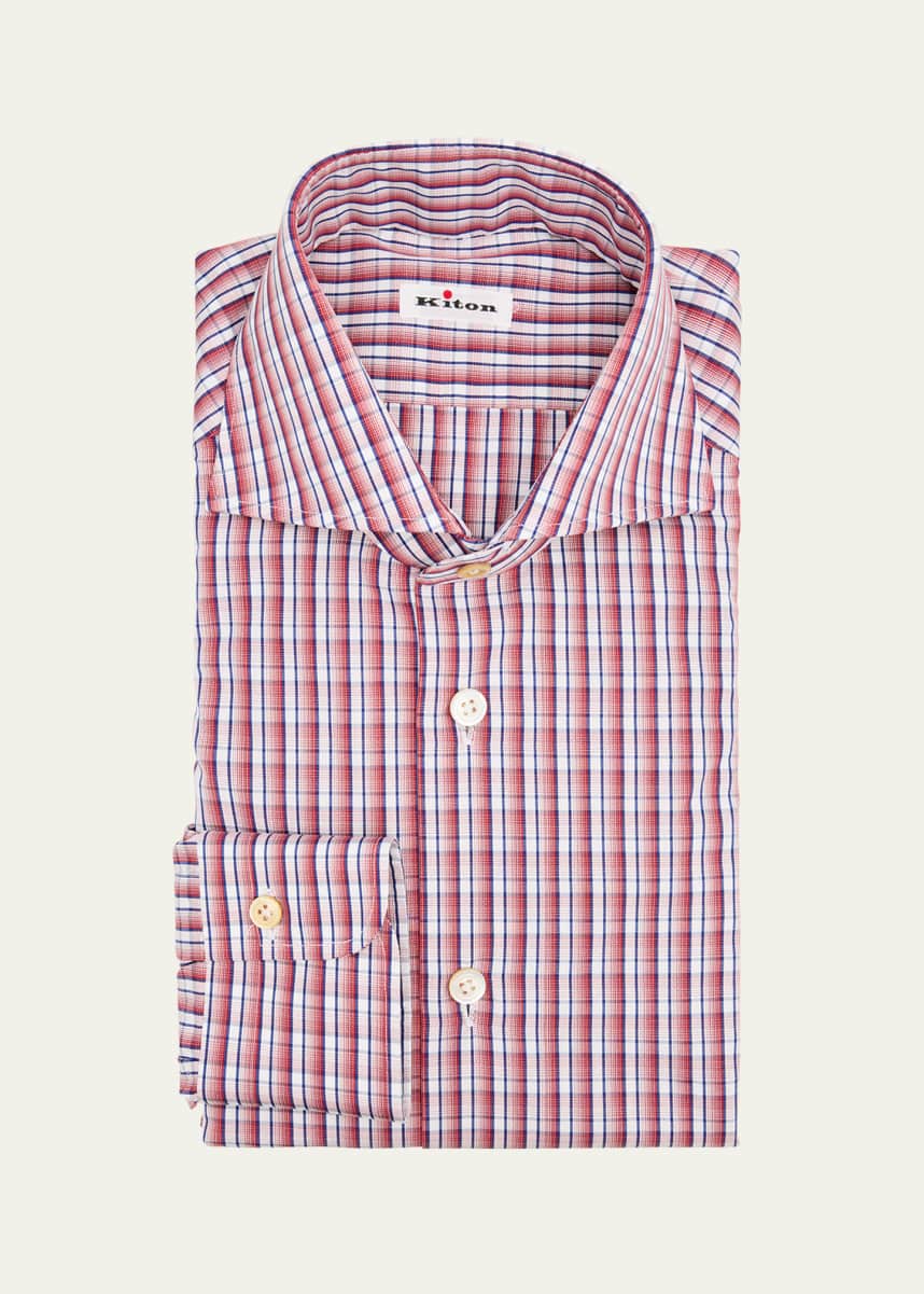 Kiton Men's Cotton Degrade Check Spread Collar Dress Shirt