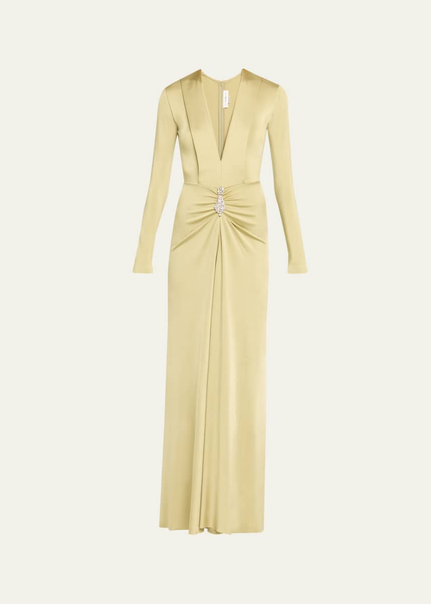 Victoria Beckham Plunging Gathered Crystal Long-Sleeve Gown