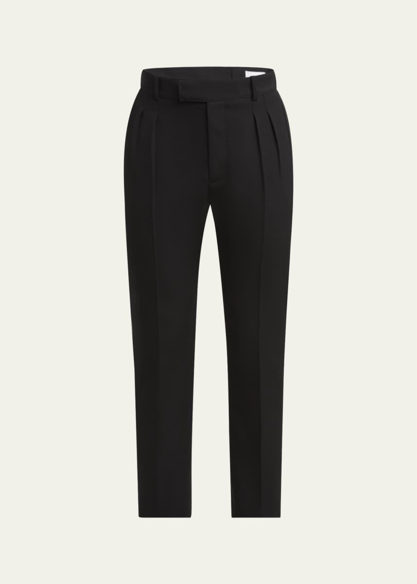 McQueen Men's Pleated Wool and Satin Stripe Tuxedo Trousers