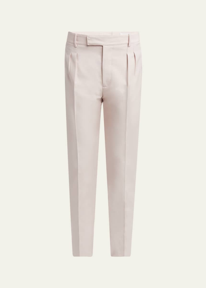 McQueen Men's Pleated Wool-Mohair and Satin Stripe Tuxedo Trouseers