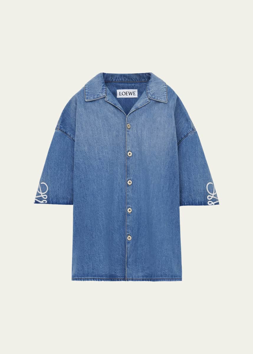 Loewe Men's Washed Denim Anagram-Sleeve Camp Shirt