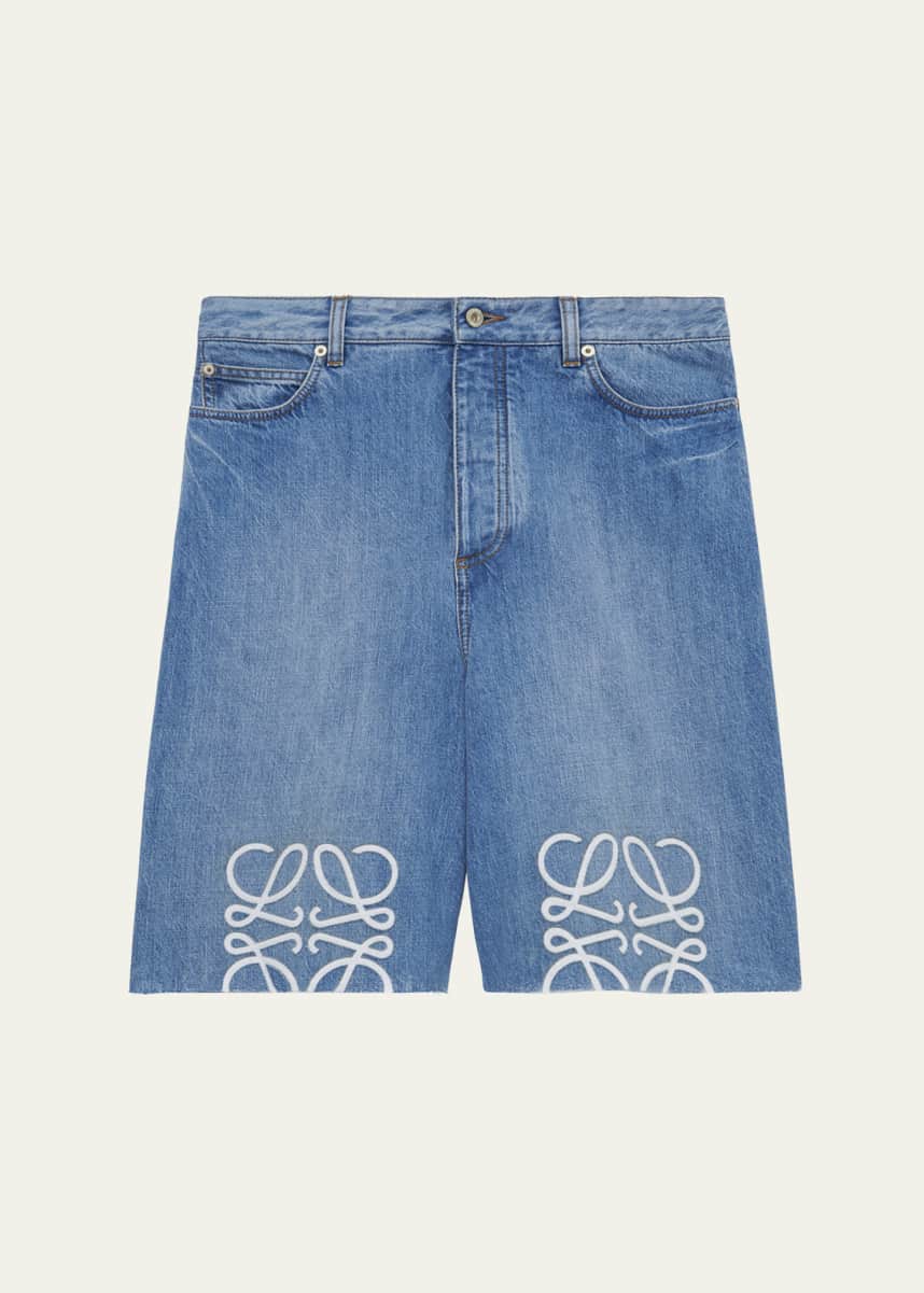 Loewe Men's Maxi-Anagram Washed Denim Shorts