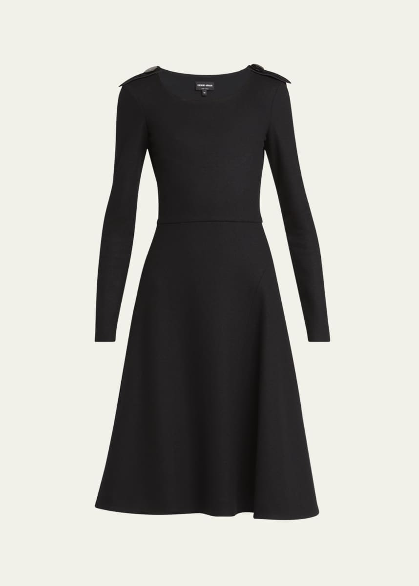 Giorgio Armani Shoulder-Epaulet Long-Sleeve Jersey Wool Midi Dress
