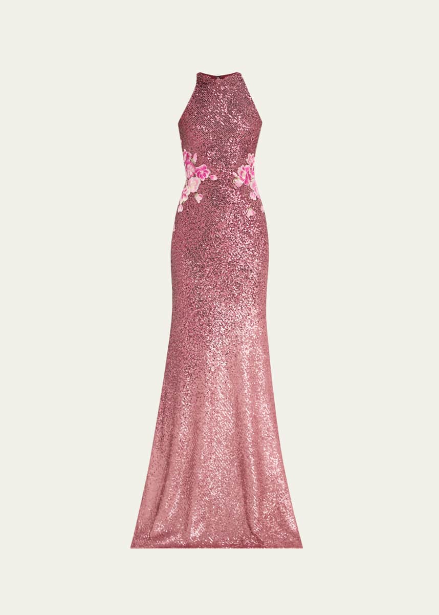 Naeem Khan Floral Embroidered Ombre Sequin Halter Gown