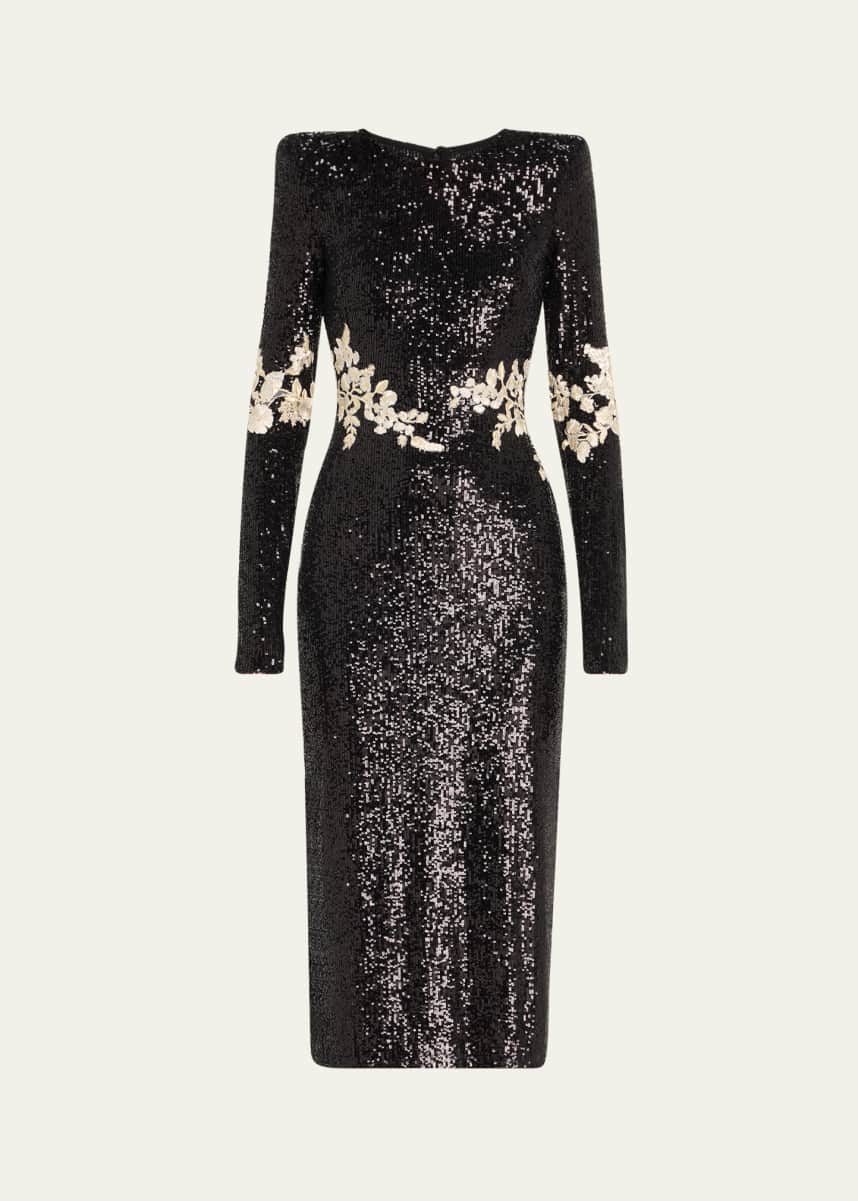 Naeem Khan Floral Applique Stretch Sequined Strong-Shoulder Midi Dress