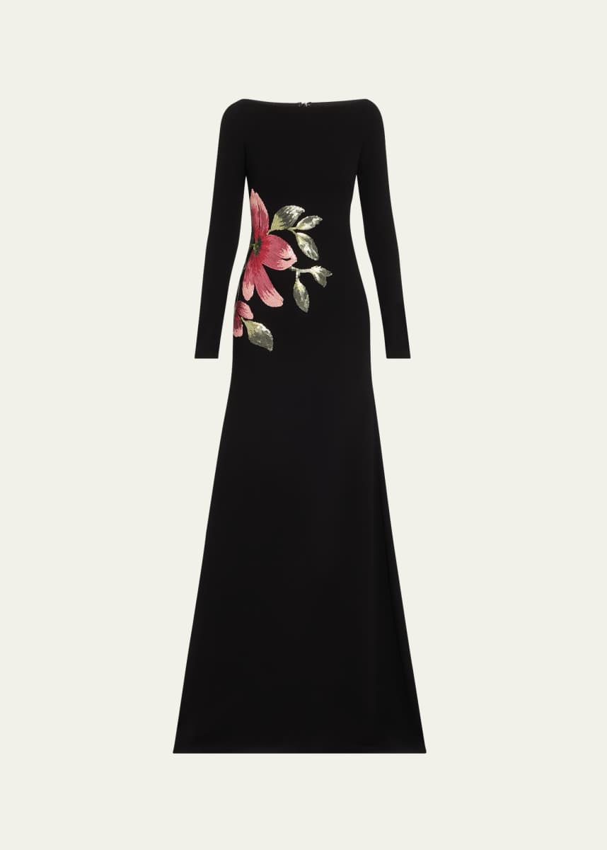 Naeem Khan Floral Beaded Crepe Long-Sleeve Trumpet Gown