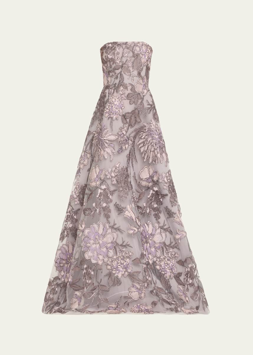 Naeem Khan Strapless Floral Raffia Embroidered Gown
