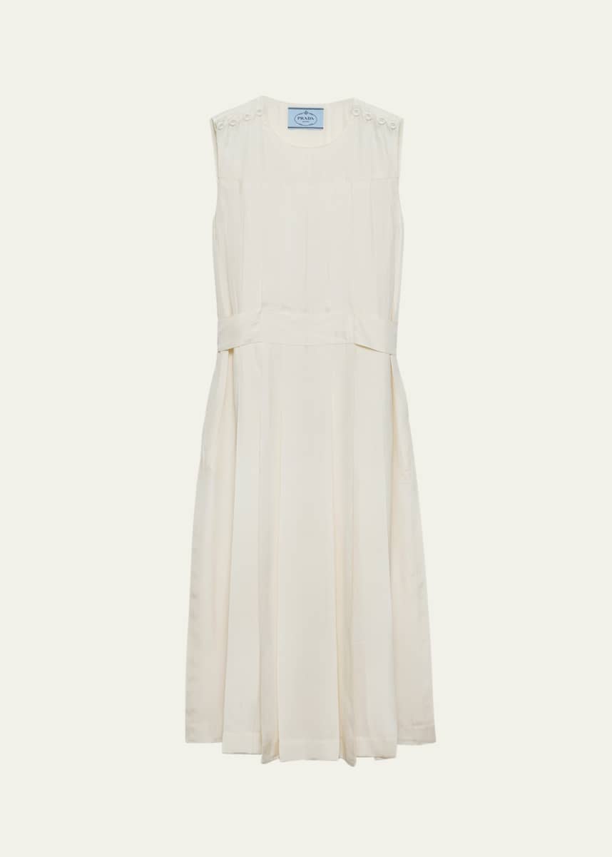 Prada Sleeveless Pleated Ponge Silk Midi Dress