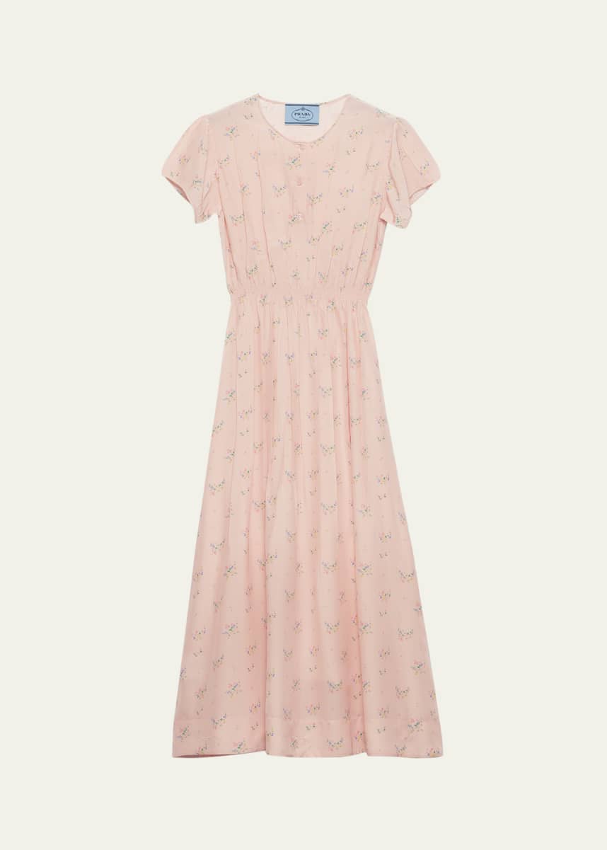 Prada Flower-Print Silk Ponge Short-Sleeve Midi Dress