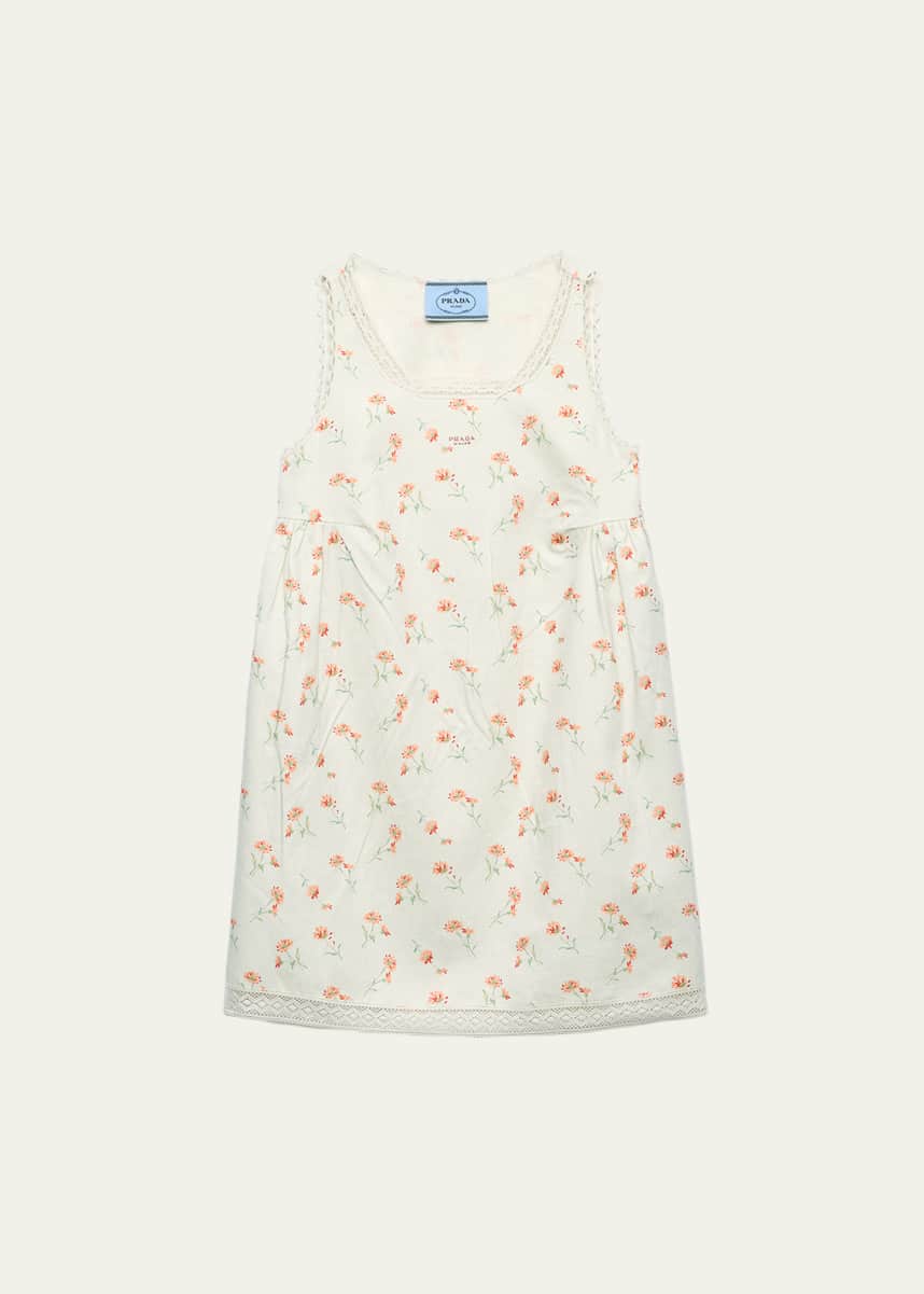 Prada Lino Flower-Print Sleeveless Mini Babydoll Dress