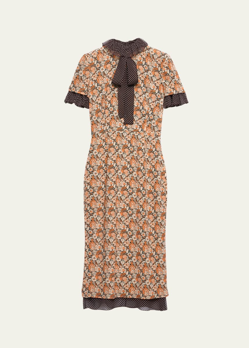 Prada Floral Georgette & Polka-Dot Chiffon Layered Midi Dress with Bow